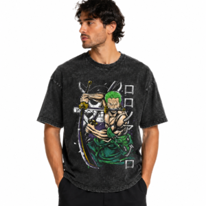 Zoro anime oversized tee vintage acid wash streetwear black