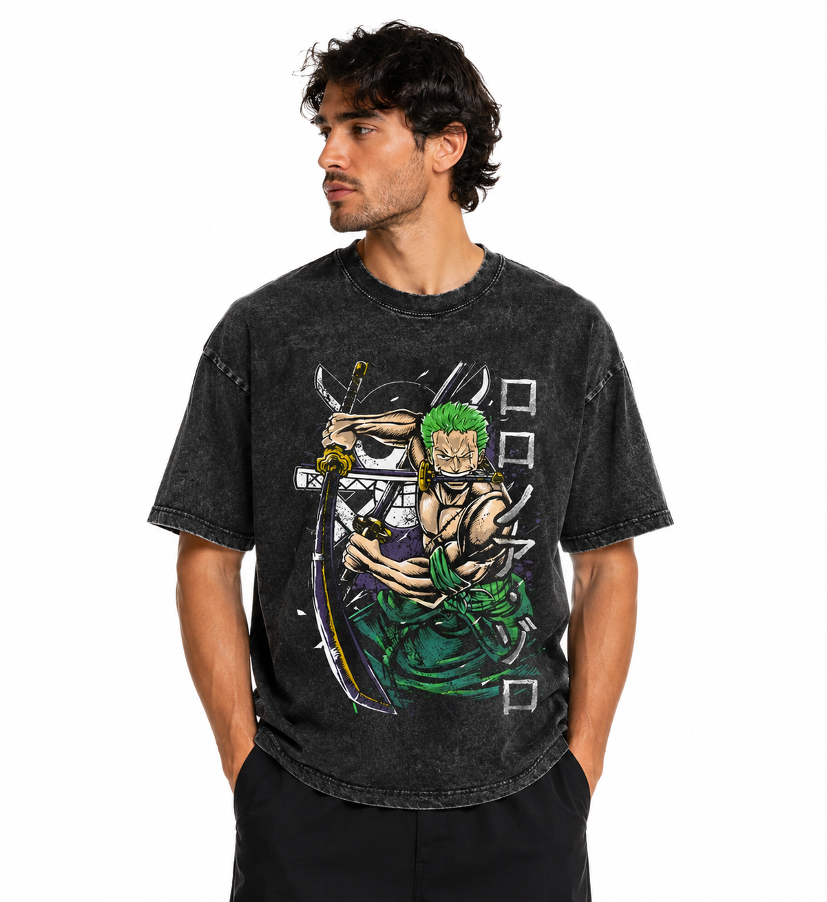 Zoro Anime Oversized T-Shirt – Vintage Acid Wash Streetwear