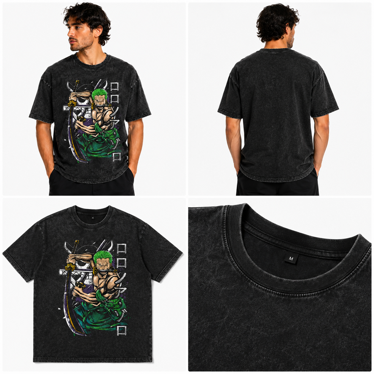 Zoro Anime Oversized T-Shirt – Vintage Acid Wash Streetwear