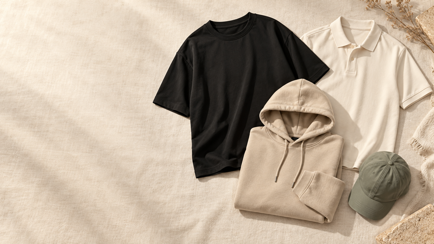 Plain T-shirt, polo, hoodie and cap in neutral colours